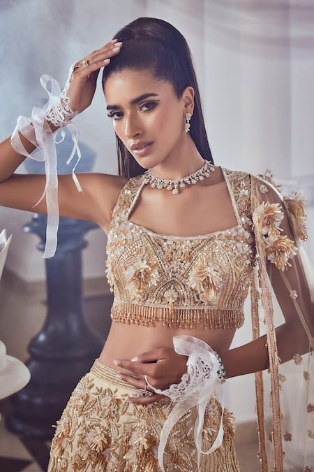 Swish By Dolcy And Simran Beige & Gold 3D Petal Bloom Lehenga Set 