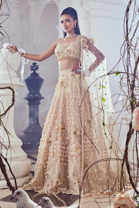 Swish By Dolcy And Simran Beige & Gold 3D Petal Bloom Lehenga Set 