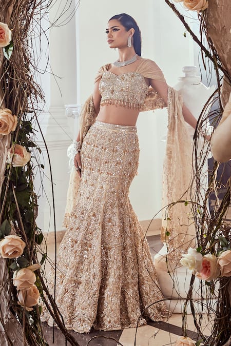 Swish By Dolcy And Simran Gold 3D Petal Blossom Embroidered Lehenga Set 