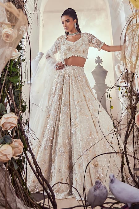 Swish By Dolcy And Simran Ivory Floret Embroidered Bridal Lehenga Set 