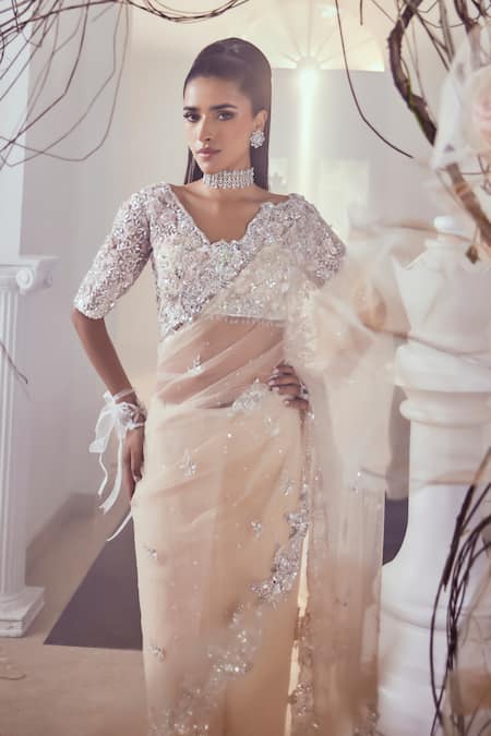 Swish By Dolcy And Simran Peach Petal Flora Embroidered Saree Set 