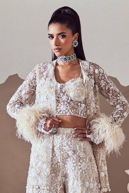 Swish By Dolcy And Simran_Ivory Net Cut Work, Pearls, Sequins Open Neck, Embroidered Jacket And Sharara Set _Online_at_Aza_Fashions