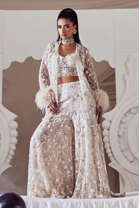 Swish By Dolcy And Simran Ivory Embroidered Jacket & Sharara Set 