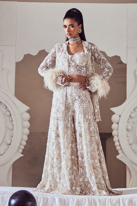 Swish By Dolcy And Simran Ivory Embroidered Jacket & Sharara Set 