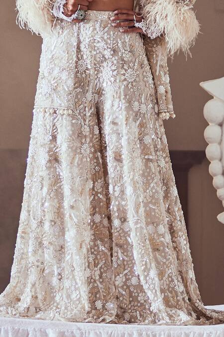 Buy_Swish By Dolcy And Simran_Ivory Net Cut Work, Pearls, Sequins Open Neck, Embroidered Jacket And Sharara Set _Online_at_Aza_Fashions