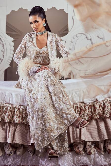Shop_Swish By Dolcy And Simran_Ivory Net Cut Work, Pearls, Sequins Open Neck, Embroidered Jacket And Sharara Set _Online_at_Aza_Fashions