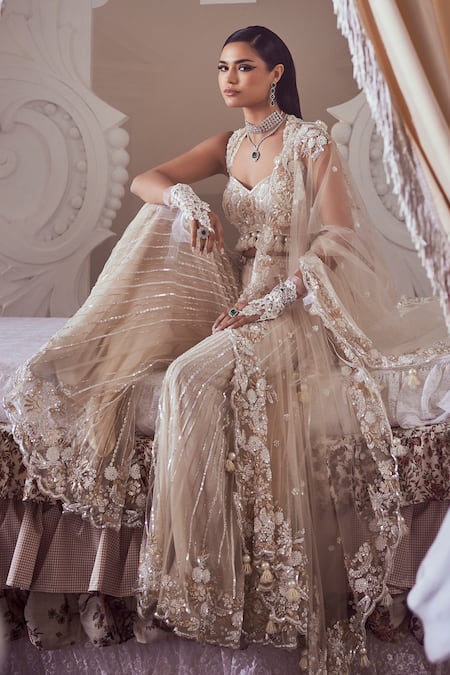 Swish By Dolcy And Simran Ivory Blossom Embroidered Peplum Blouse & Sharara Set 