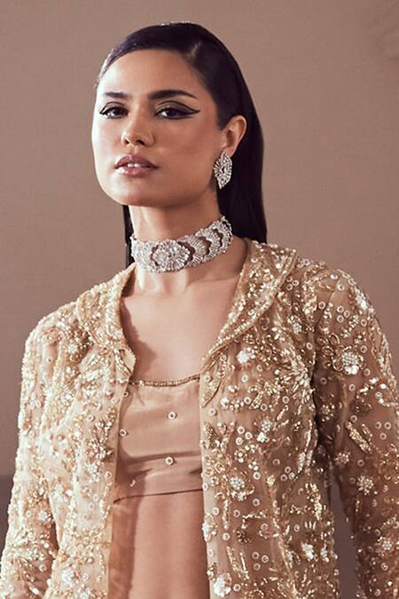 Swish By Dolcy And Simran_Gold Net Cut Work, Pearls, Sequins Square Neck, Embroidered Jacket And Sharara Set _Online_at_Aza_Fashions