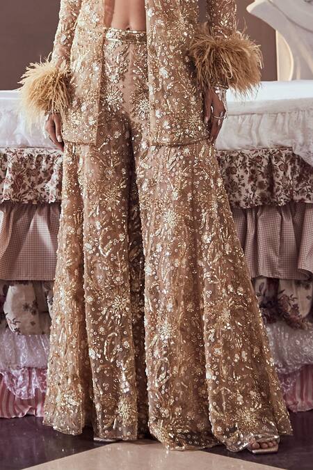 Buy_Swish By Dolcy And Simran_Gold Net Cut Work, Pearls, Sequins Square Neck, Embroidered Jacket And Sharara Set _Online_at_Aza_Fashions