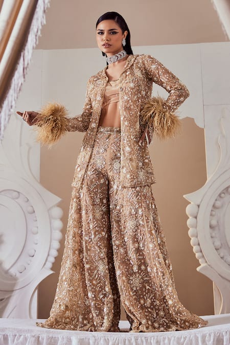 Swish By Dolcy And Simran Gold Embroidered Jacket & Sharara Set 