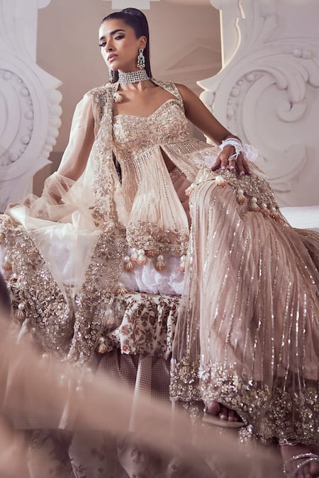 Swish By Dolcy And Simran_Pink Net Sequins, Pearls, Embroidery Collared Floret Peplum Kurta And Sharara Set _Online_at_Aza_Fashions