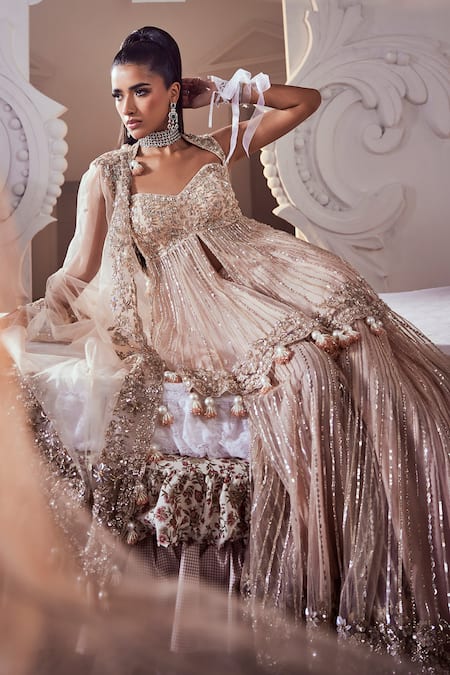 Buy_Swish By Dolcy And Simran_Pink Net Sequins, Pearls, Embroidery Collared Floret Peplum Kurta And Sharara Set _Online_at_Aza_Fashions