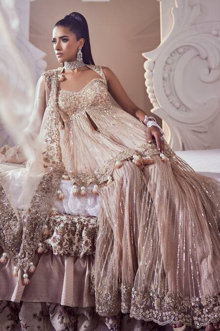 Shop_Swish By Dolcy And Simran_Pink Net Sequins, Pearls, Embroidery Collared Floret Peplum Kurta And Sharara Set _Online_at_Aza_Fashions