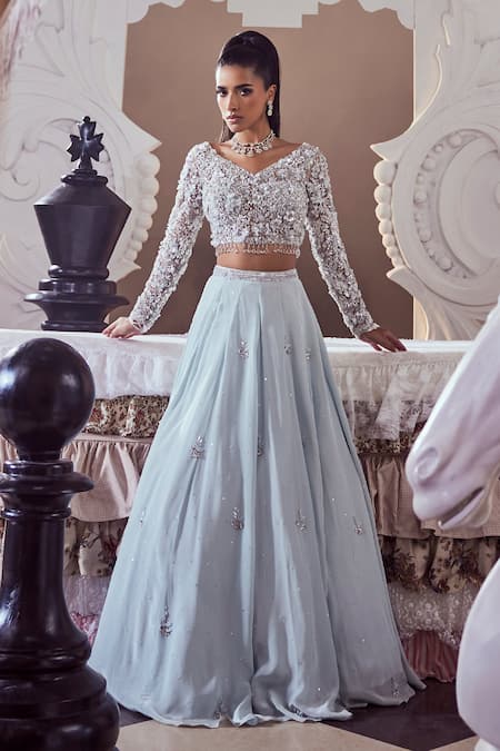 Swish By Dolcy And Simran Crest Embroidered Blue Lehenga Set 