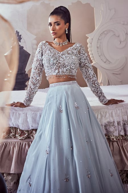 Swish By Dolcy And Simran Crest Embroidered Blue Lehenga Set 