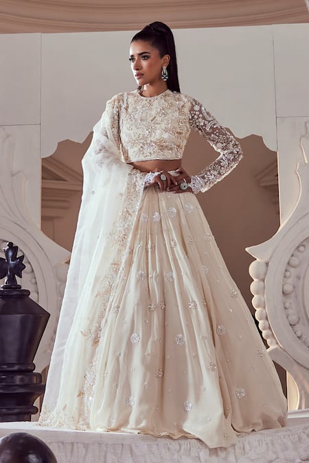 Swish By Dolcy And Simran Ivory Pearl Bloom Embroidered Lehenga Set 