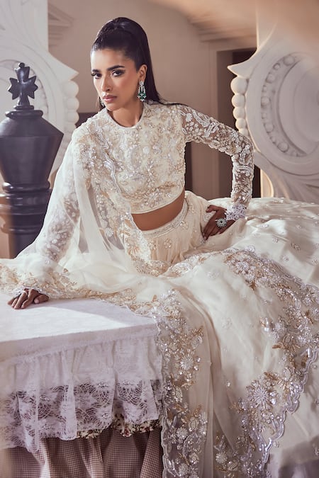 Swish By Dolcy And Simran_Ivory Net, Crepe Cut Work, Pearls, Sequins Round Bloom Embroidered Lehenga Set _Online_at_Aza_Fashions