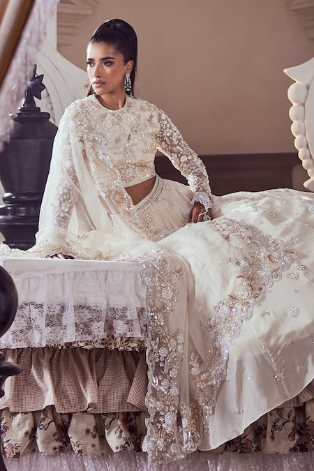 Buy_Swish By Dolcy And Simran_Ivory Net, Crepe Cut Work, Pearls, Sequins Round Bloom Embroidered Lehenga Set _Online_at_Aza_Fashions