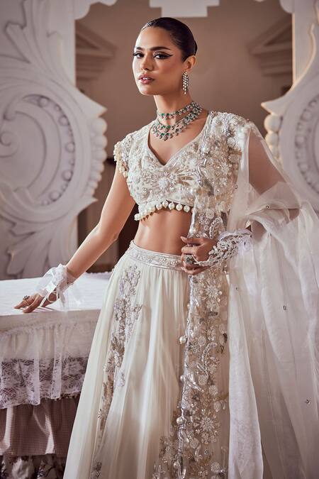 Swish By Dolcy And Simran_Ivory Net, Georgette Cut Work, Pearls, Bloom Vine Embroidered Lehenga Set_Online_at_Aza_Fashions