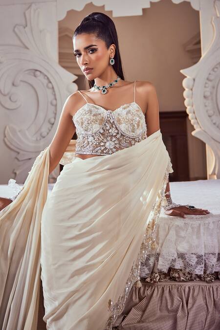 Swish By Dolcy And Simran Ivory Net, Crepe Cut Work, Sequins, Pearls Embroidered Pre-draped Saree Set Online at Aza Fashions Swish By Dolcy And Simran_Ivory Net, Crepe Cut Work, Sequins, Pearls Embroidered Pre-draped Saree Set_Online_at_Aza_Fashions