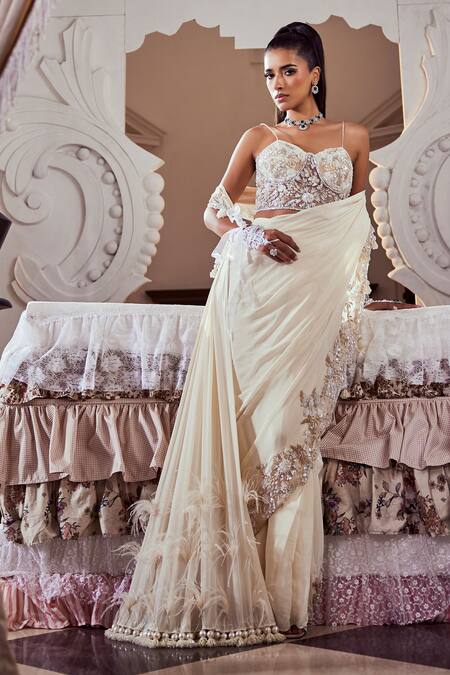 Shop Swish By Dolcy And Simran Ivory Net, Crepe Cut Work, Sequins, Pearls Embroidered Pre-draped Saree Set at Aza Fashions Shop_Swish By Dolcy And Simran_Ivory Net, Crepe Cut Work, Sequins, Pearls Embroidered Pre-draped Saree Set_at_Aza_Fashions
