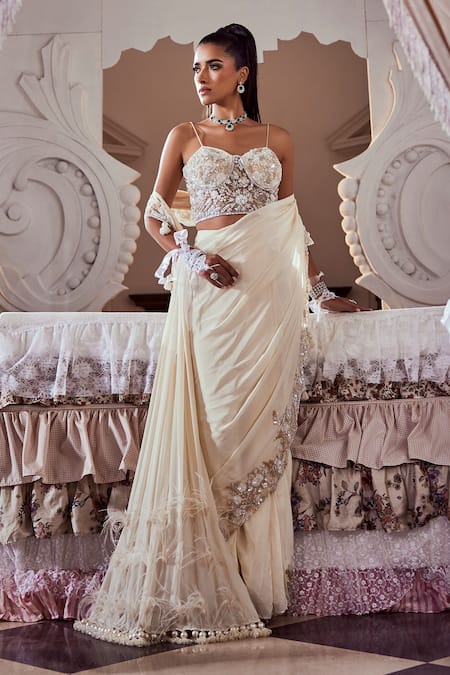 Swish By Dolcy And Simran Ivory Embroidered Pre-Draped Saree Set 