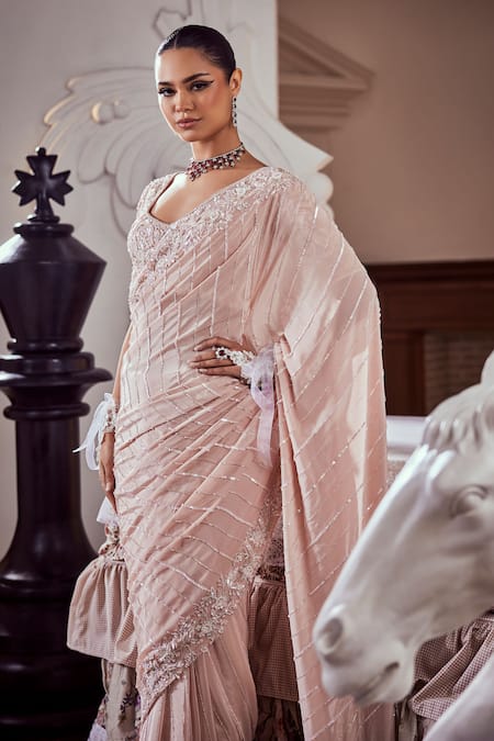 Swish By Dolcy And Simran Blush Pink Sequin Ray Embroidered Saree Set 