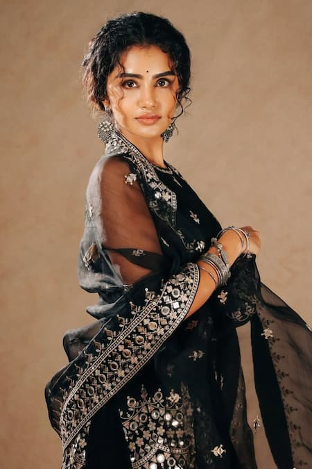 Buy Gopi Vaid Black Tussar, Organza Embroidery, Mirrors Round Neck Kurta Sharara Set Online at Aza Fashions Buy_Gopi Vaid_Black Tussar, Organza Embroidery, Mirrors Round Neck Kurta Sharara Set _Online_at_Aza_Fashions