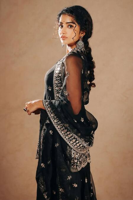 Shop Gopi Vaid Black Tussar, Organza Embroidery, Mirrors Round Neck Kurta Sharara Set Online at Aza Fashions Shop_Gopi Vaid_Black Tussar, Organza Embroidery, Mirrors Round Neck Kurta Sharara Set _Online_at_Aza_Fashions