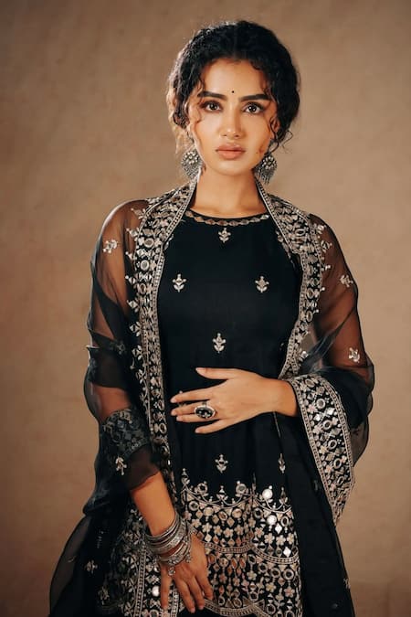 Gopi Vaid Black Tussar, Organza Embroidery, Mirrors Round Neck Kurta Sharara Set at Aza Fashions Gopi Vaid_Black Tussar, Organza Embroidery, Mirrors Round Neck Kurta Sharara Set _at_Aza_Fashions