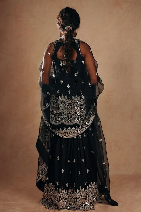 Gopi Vaid Black Tussar, Organza Embroidery, Mirrors Round Neck Kurta Sharara Set Online at Aza Fashions Gopi Vaid_Black Tussar, Organza Embroidery, Mirrors Round Neck Kurta Sharara Set _Online_at_Aza_Fashions