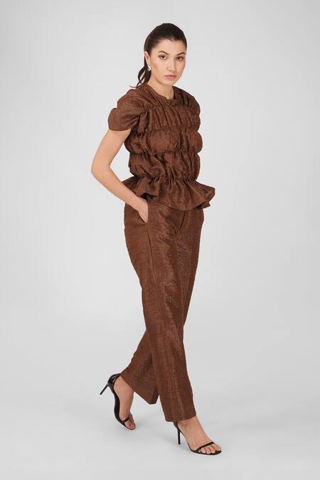 Enness Studio_Brown Bubble Crepe Round Top And Pant Set_Online_at_Aza_Fashions