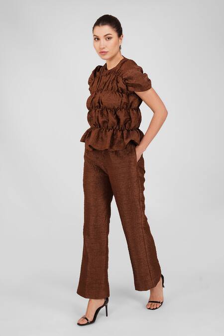 Buy_Enness Studio_Brown Bubble Crepe Round Top And Pant Set_Online_at_Aza_Fashions