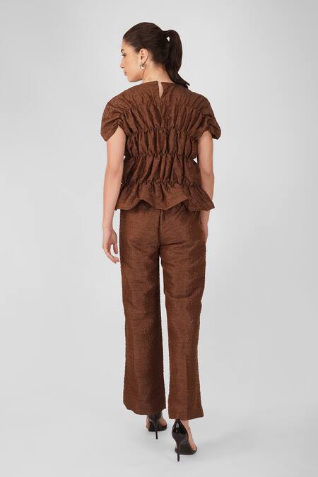 Shop_Enness Studio_Brown Bubble Crepe Round Top And Pant Set_at_Aza_Fashions