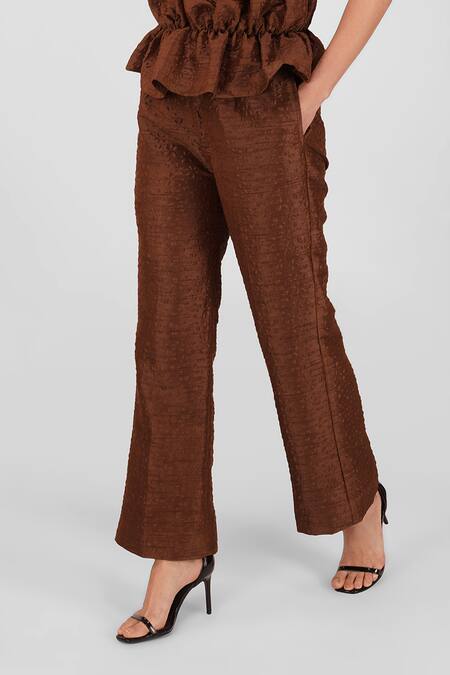 Shop_Enness Studio_Brown Bubble Crepe Round Top And Pant Set_Online_at_Aza_Fashions