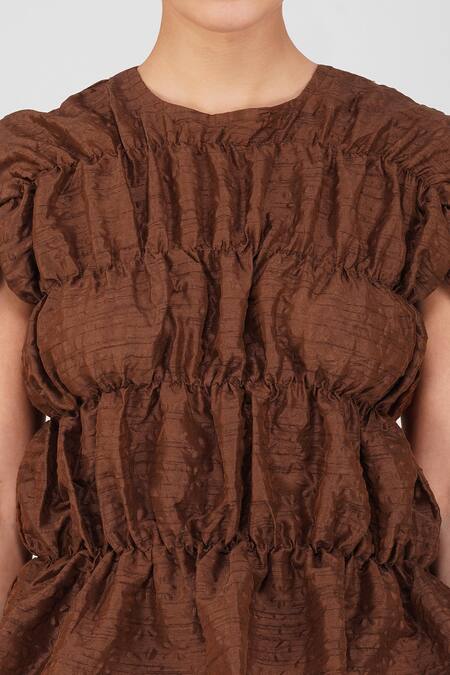 Enness Studio_Brown Bubble Crepe Round Top And Pant Set_at_Aza_Fashions