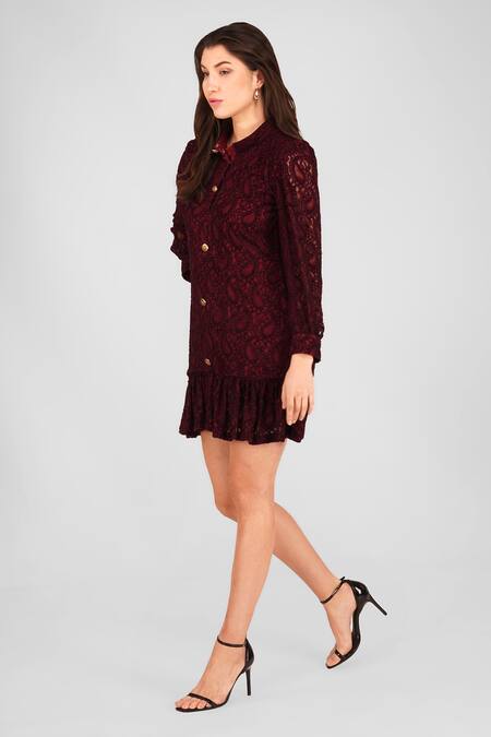 Enness Studio Wine Lace Collared Paisley Detailed Short Dress Online at Aza Fashions Enness Studio_Wine Lace Collared Paisley Detailed Short Dress _Online_at_Aza_Fashions