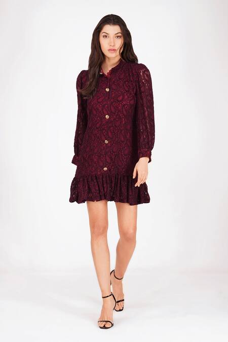 Shop Enness Studio Wine Lace Collared Paisley Detailed Short Dress Online at Aza Fashions Shop_Enness Studio_Wine Lace Collared Paisley Detailed Short Dress _Online_at_Aza_Fashions