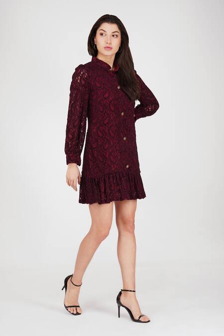Enness Studio_Wine Lace Collared Paisley Detailed Short Dress _at_Aza_Fashions