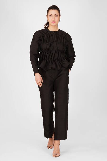 Buy_Enness Studio_Black Bubble Crepe Round Top And Pant Set_Online_at_Aza_Fashions