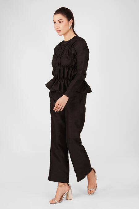 Shop Enness Studio Black Bubble Crepe Round Top And Pant Set Online at Aza Fashions Shop_Enness Studio_Black Bubble Crepe Round Top And Pant Set_Online_at_Aza_Fashions