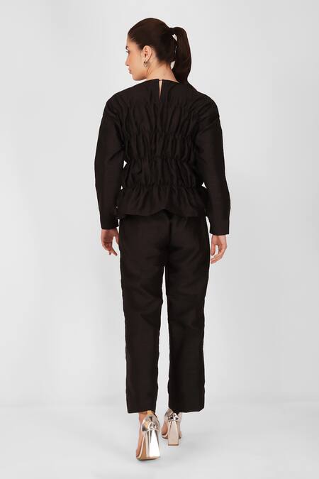 Shop Enness Studio Black Bubble Crepe Round Top And Pant Set at Aza Fashions Shop_Enness Studio_Black Bubble Crepe Round Top And Pant Set_at_Aza_Fashions