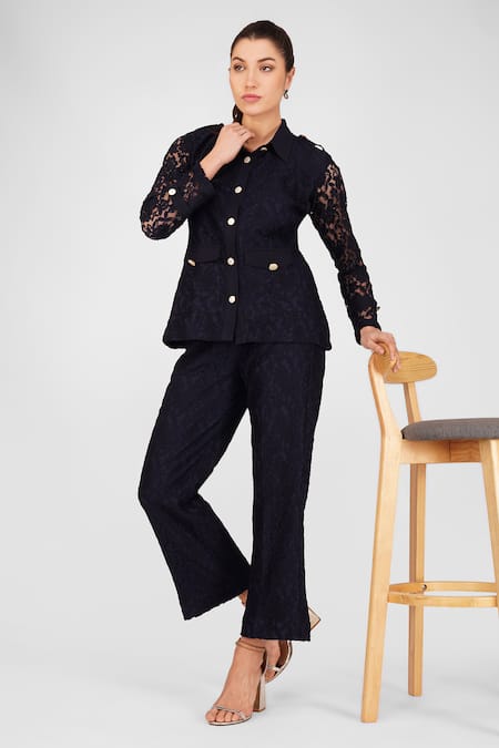 Enness Studio_Blue Cotton Collared Floral Shirt And Pant Set_Online_at_Aza_Fashions