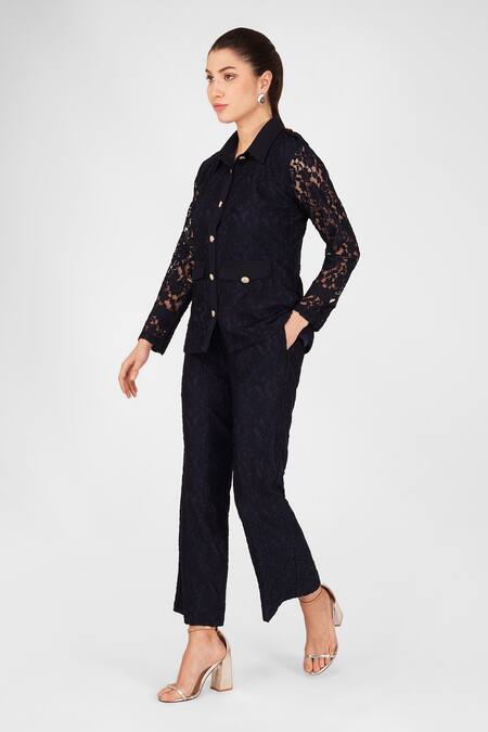 Buy_Enness Studio_Blue Cotton Collared Floral Shirt And Pant Set_Online_at_Aza_Fashions