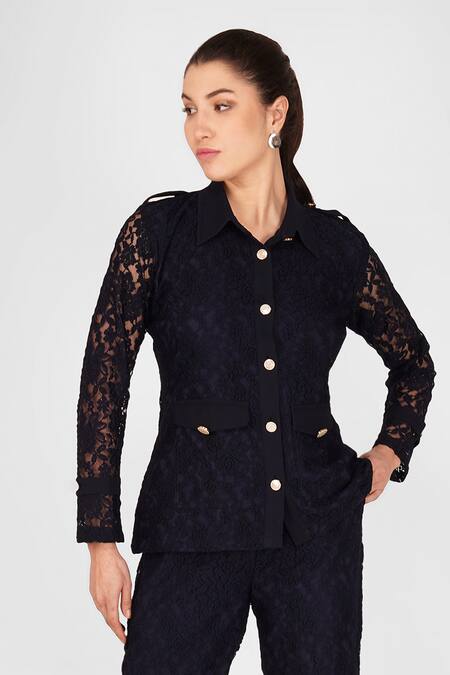 Enness Studio_Blue Cotton Collared Floral Shirt And Pant Set_at_Aza_Fashions