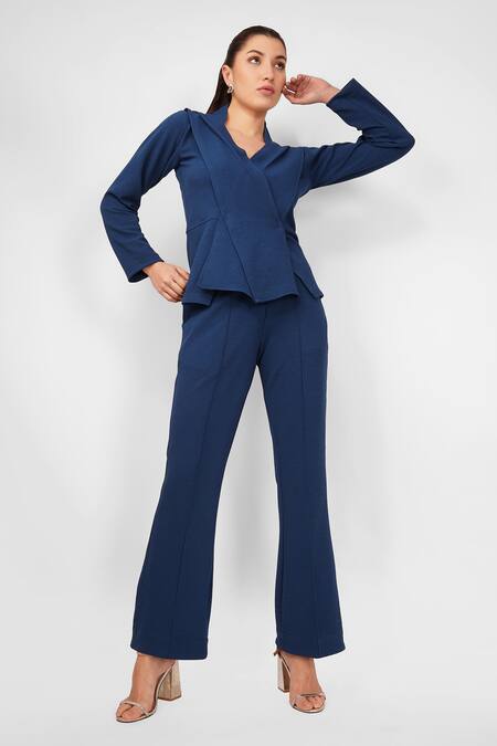Enness Studio_Blue Crepe V-neck Peplum Top And Pant Set _Online_at_Aza_Fashions