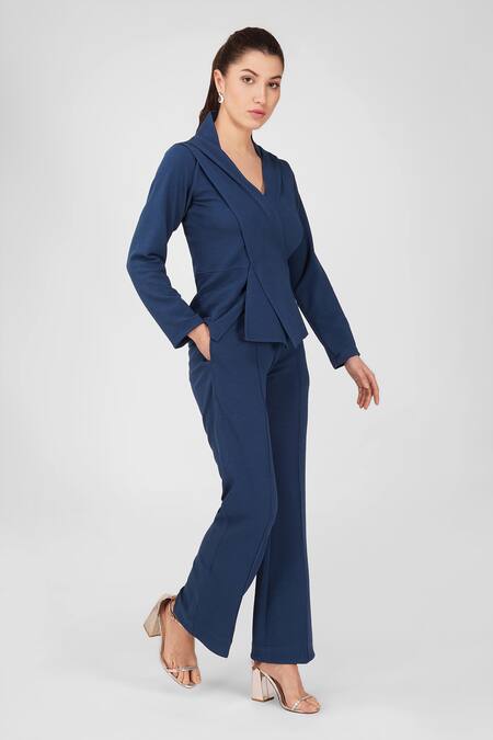 Shop_Enness Studio_Blue Crepe V-neck Peplum Top And Pant Set _Online_at_Aza_Fashions