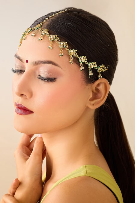 Shop Just Shradhas Gold Plated Natural Stone And Pearl Maathapatti Online at Aza Fashions Shop_Just Shradhas_Gold Plated Natural Stone And Pearl Maathapatti _Online_at_Aza_Fashions