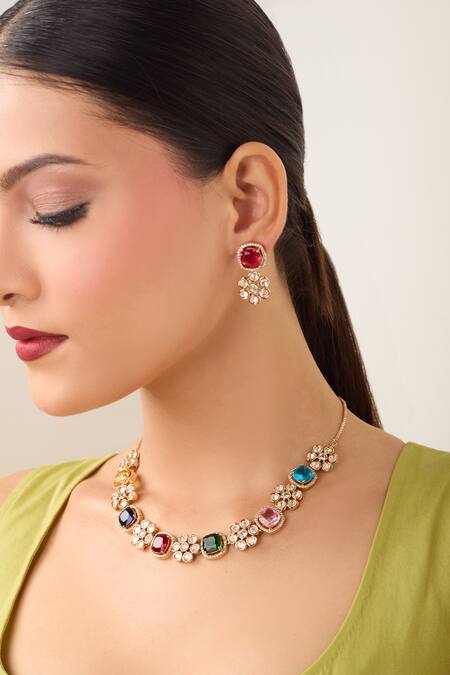 Buy Just Shradhas Multi Color Fabric Flowers, Stones Kundan Embellished Necklace Set Buy_Just Shradhas_Multi Color Fabric Flowers, Stones Kundan Embellished Necklace Set