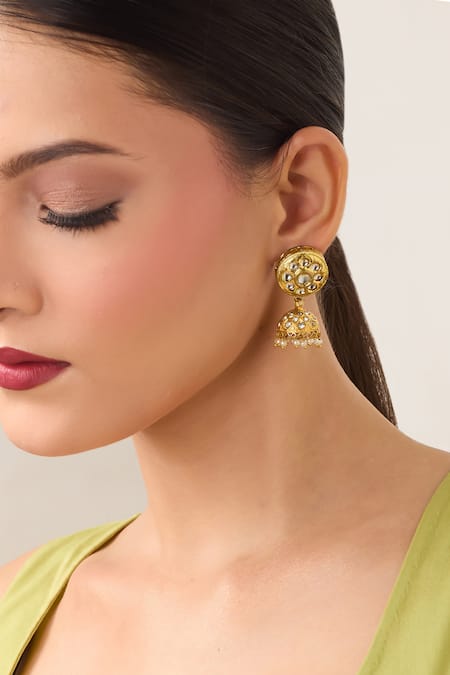 Shop Just Shradhas Gold Plated Pearls, Stones Natural And Jhumka Earrings Online at Aza Fashions Shop_Just Shradhas_Gold Plated Pearls, Stones Natural And Jhumka Earrings _Online_at_Aza_Fashions